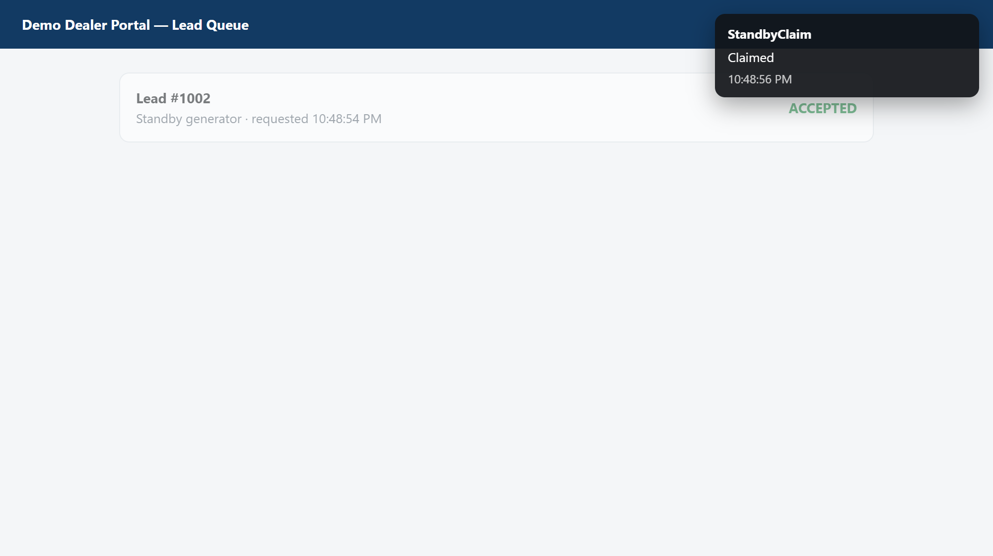 A dealer lead portal with the StandbyClaim panel in the corner reading Claimed, and the
        lead row showing ACCEPTED.