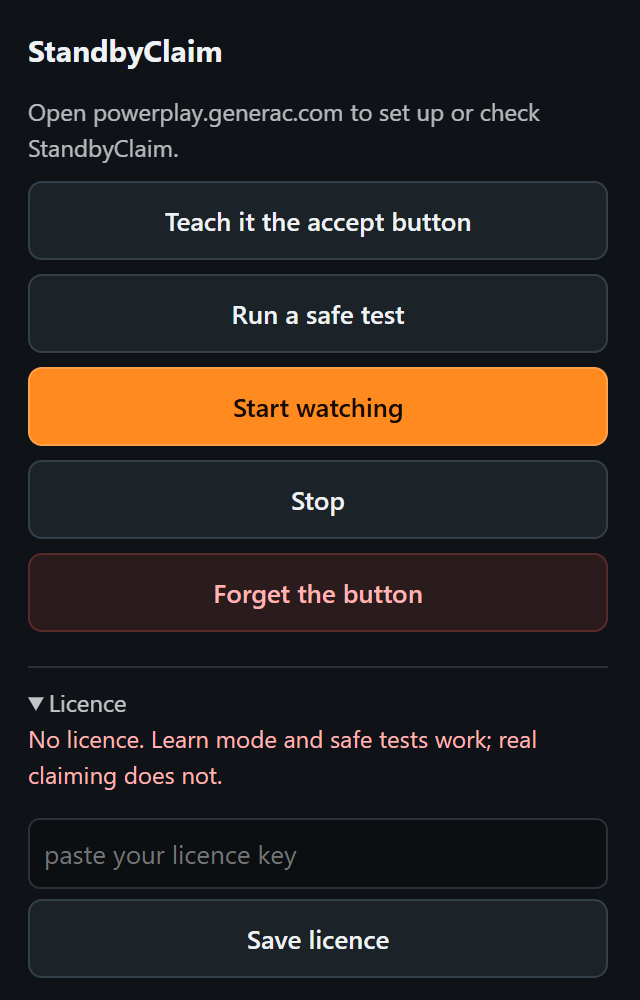 The StandbyClaim popup: five buttons reading Teach it the accept button, Run a safe
          test, Start watching, Stop, Forget the button, plus a Licence box.